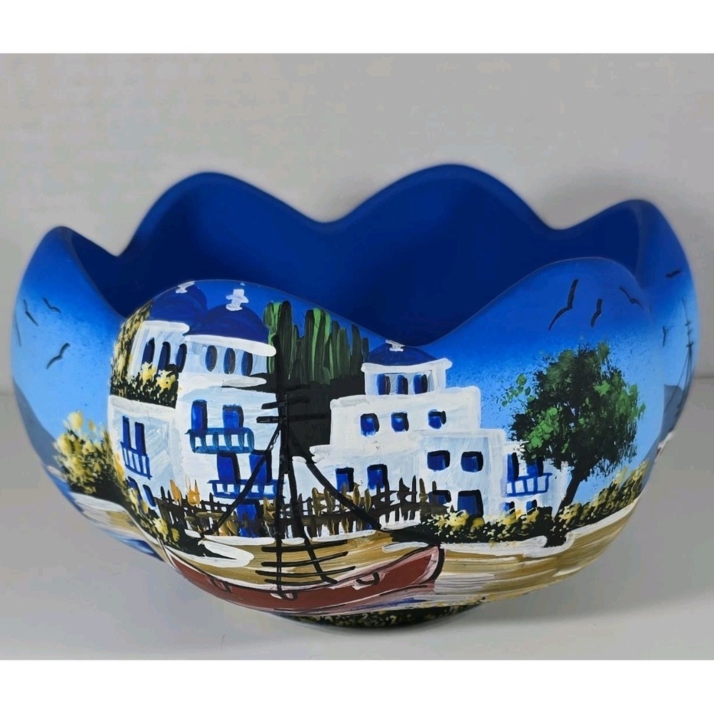 Georgia Alevra Hand Painted Greek Village Blue Decorative Bowl 5in x 3.5in
